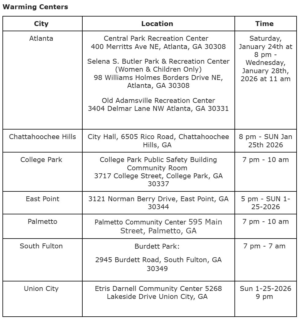 Fulton County January 2026 Warming Centers.